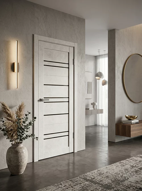 Фото Дверь FlyDoors Барн B02 бетон светлый, ПВХ, черное стекло – купить в Новосибирске: цена, описание, фото. Интернет-магазин. 1