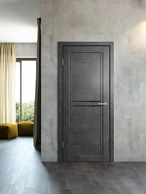 Дверь FlyDoors Барн B06 бетон темный, ПВХ, черное стекло