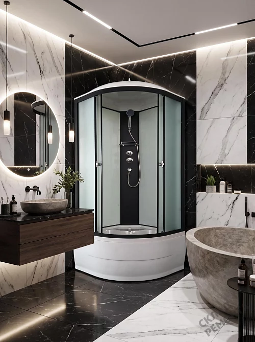 Фото Душевая кабина Aquapulse 4002D fabric white + black profile высокий поддон угловая 90*90 купить в Новосибирске: цена, описание, фото. Интернет-магазин 1