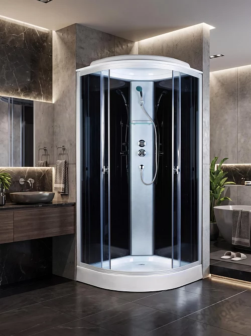 Фото Душевая кабина Aquapulse 4023D grey black низкий поддон угловая 100*100 купить в Новосибирске: цена, описание, фото. Интернет-магазин 1