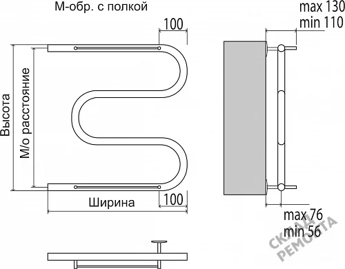 Фото Полотенцесушитель водяной Terminus Trend 32ПС AISI 32х2 (с полкой) 1" 500*400 м-образный хром купить в Новосибирске: цена, описание, фото. Интернет-магазин 3