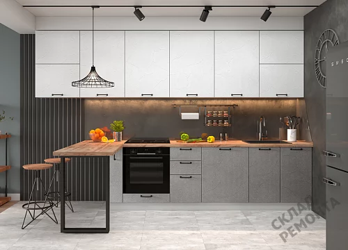 Фото Кухня ДСВ Лофт штукатурка белая/штукатурка серая – купить в Новосибирске: цена, описание, фото. Интернет-магазин 2